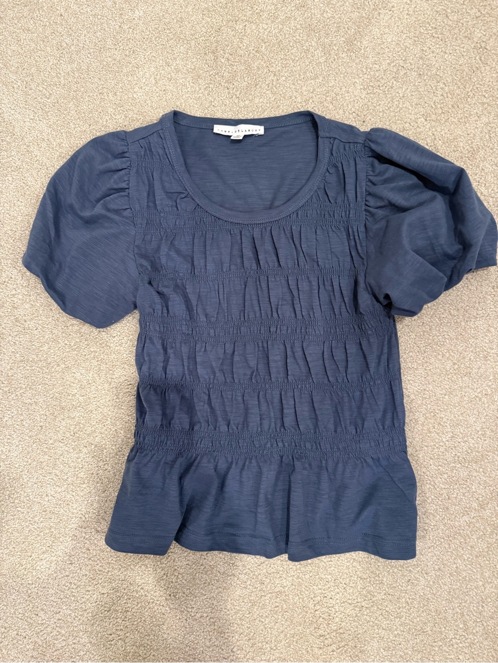 Jane and Delancey Navy Smocked Puff Sleeve Peplum Top
